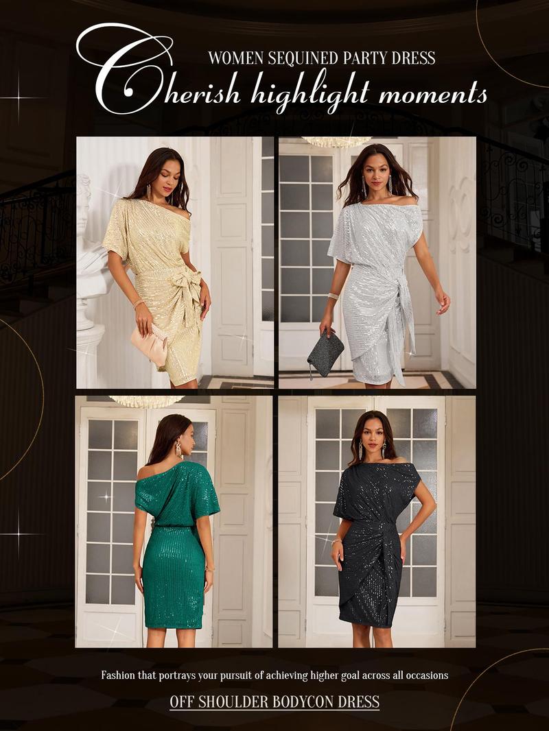 【Delicate Sequin Design】GRACE KARIN Cocktail Dresses for Evening Party One Shoulder Ruched Sequin Dresses