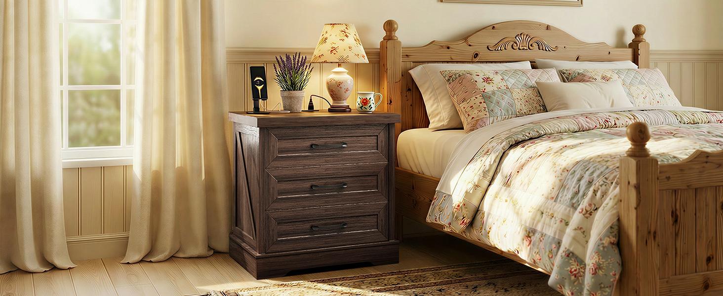 AODK 24-Inch Farmhouse 3-Drawer Bedside Table with Charging Station, USB Ports and Outlets for Bedroom, Living Room Furniture Nightstand Bedside Table