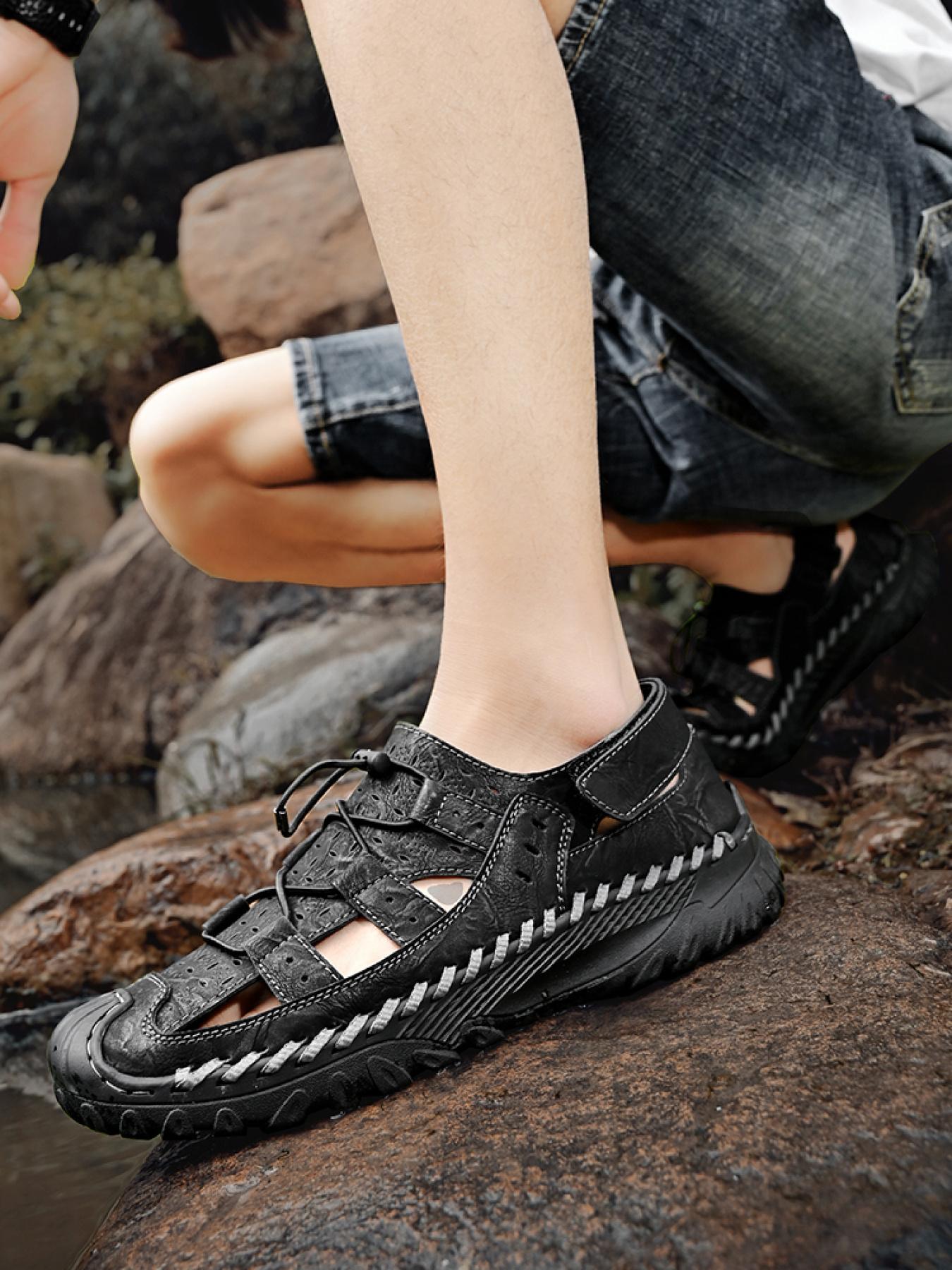 Men's Solid Color Hollowed-Out Closed-Toe Outdoor Sandals, Drawstring Velcro Non-Slip Beach Shoes, Hand-Stitched Thick-Soled Dad Shoes