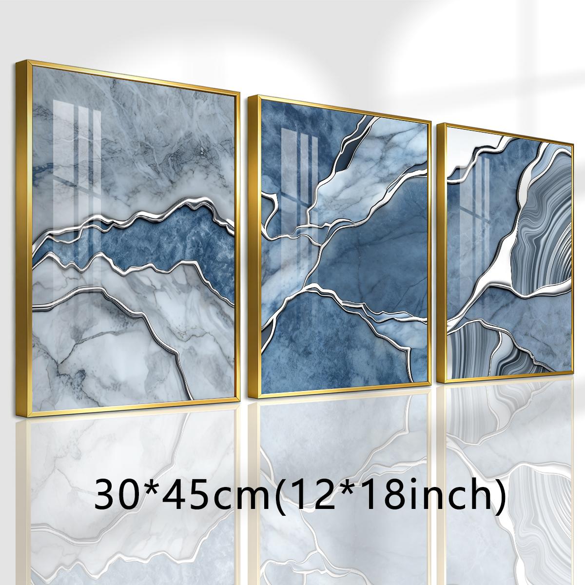 3 Counts Aluminum Alloy Framed Painting, Abstract Blue Marble Texture Art Pictures, Home Decoration For Living Room, Bedroom, Office, Restaurant, Hallway Wall Decor, Odorless Print Artwork, Luxury Perfect Gift For Friends And Family