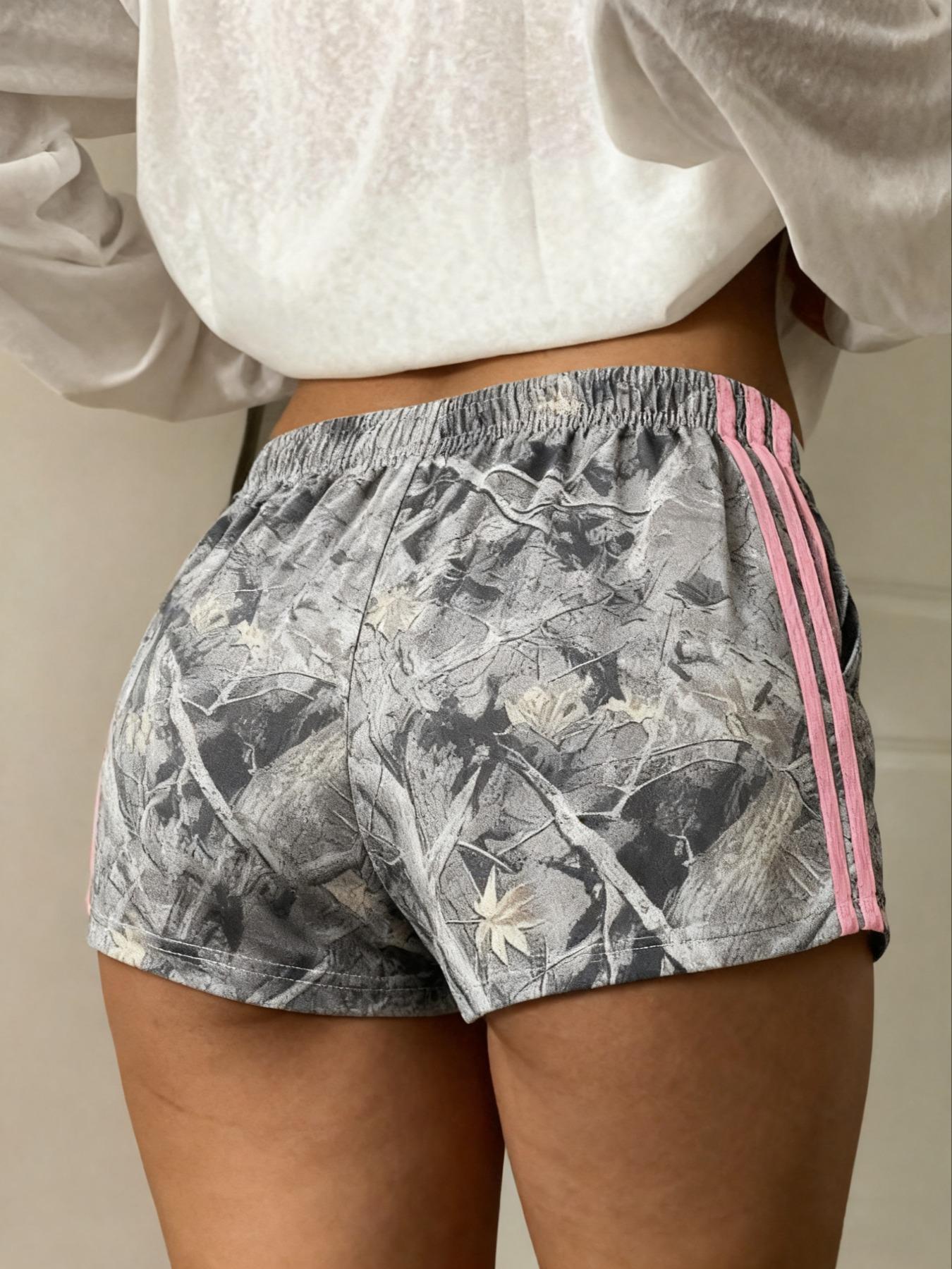 Women's Summer Camo Print Shorts, Casual Loose-Fitting Elastic Waist, Side Striped Design, Outdoor Wear, Daily Use, Bottom