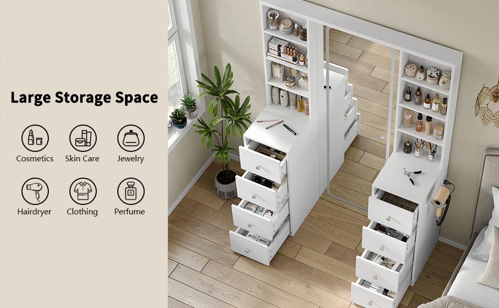 FUSOU Vanity Desk with Full Length LED Mirror, Tall Makeup Vanity with Power Outlet, 3 Color Modes, Brightness Adjustable, 8 Drawers with Shelves Vanity Table for Bedroom