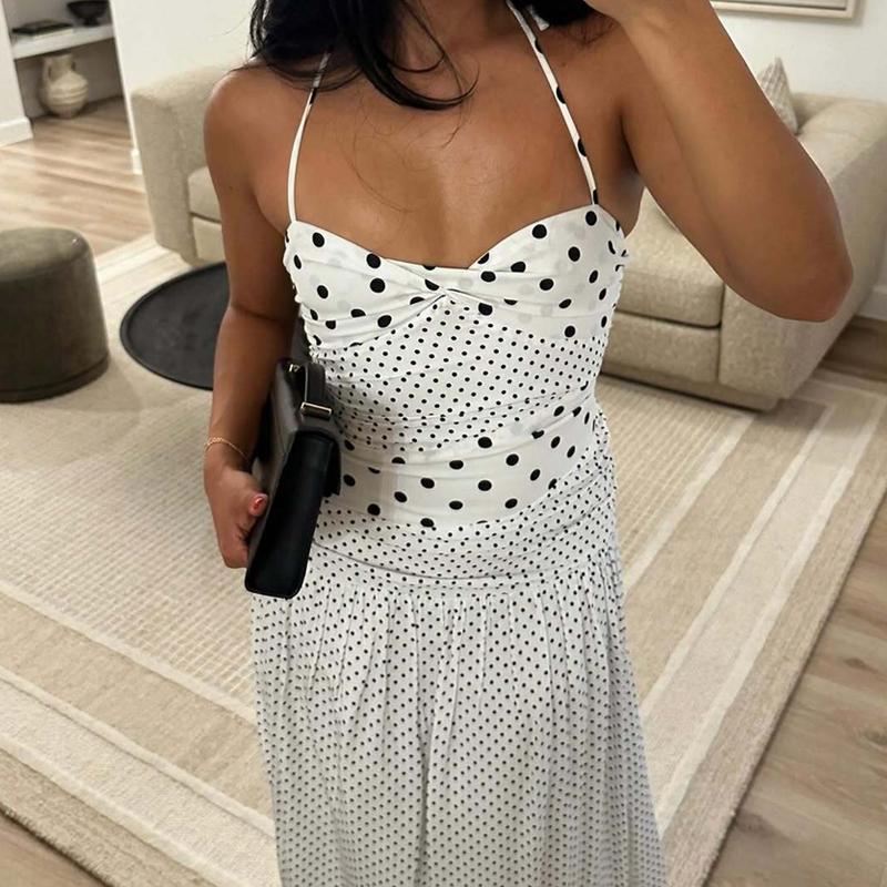 Women's Polka Dot Print Tie-neck Halter Dress, Bust Twisted Ruched Sleeveless Backless A-line Slip Dress, Party Club Date Holiday Beach Vacation Daily Casual Sweet Cami Maxi Long Dresses For Ladies Summer Fashion Clothes Wear