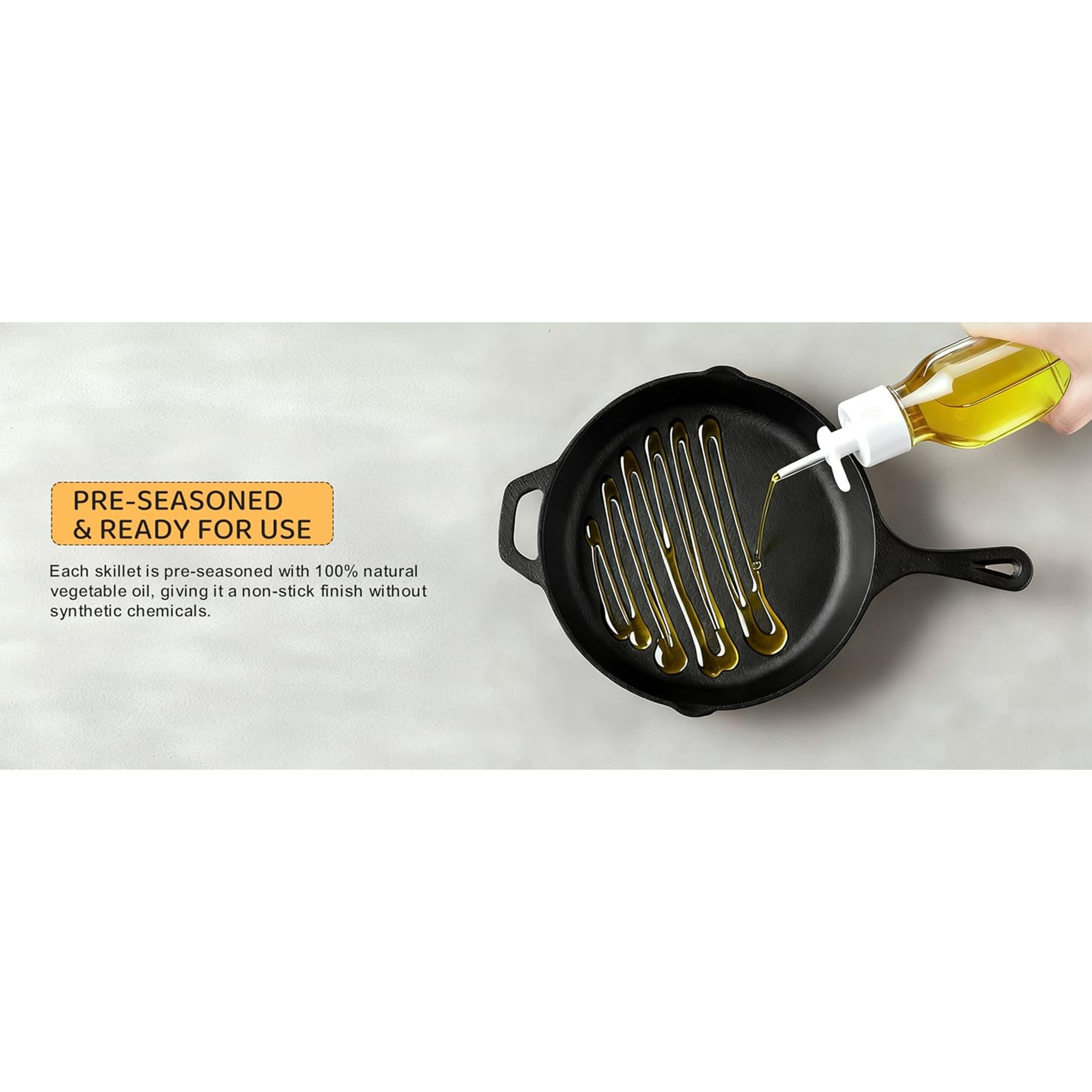 Cast Iron Skillet 3-Piece Set, Heavy-Duty Professional Restaurant Chef Quality Pre-Seasoned Pan Cookware Set, 6", 8", 10" Pans For Frying, Saute, Cooking, Use Indoor/Outdoor, Oven, Grill
