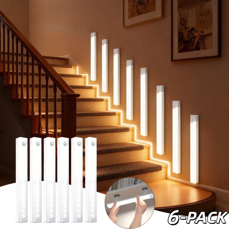 New 6pcs LED Sensor Lights, Rechargeable, with Motion Sensor, Wall-Mounted Light Strips, Adjustable Brightness, Indoor Night Lights, Suitable for Cabinets, Dormitory Study Lighting, Applicable for Home, Bedroom, Stairs, Office, Kitchen