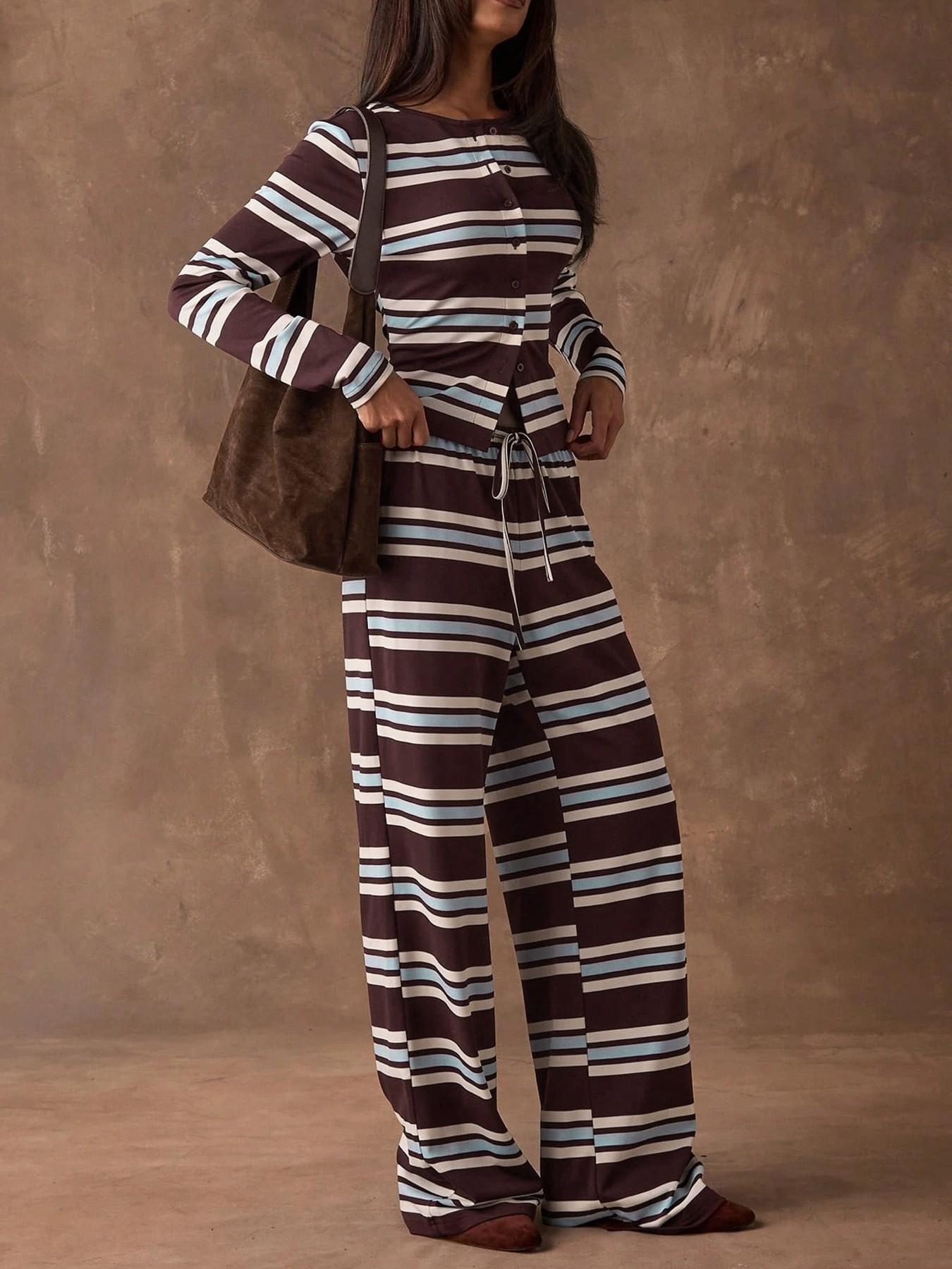 Women's Striped Knit Two-Piece Set, Crew Neck Long Sleeve Button Front Crop Top, Elastic Waist Drawstring Wide Leg Pants, Daily Casual Loungewear Vacation Wear, Soft Stretchy Breathable