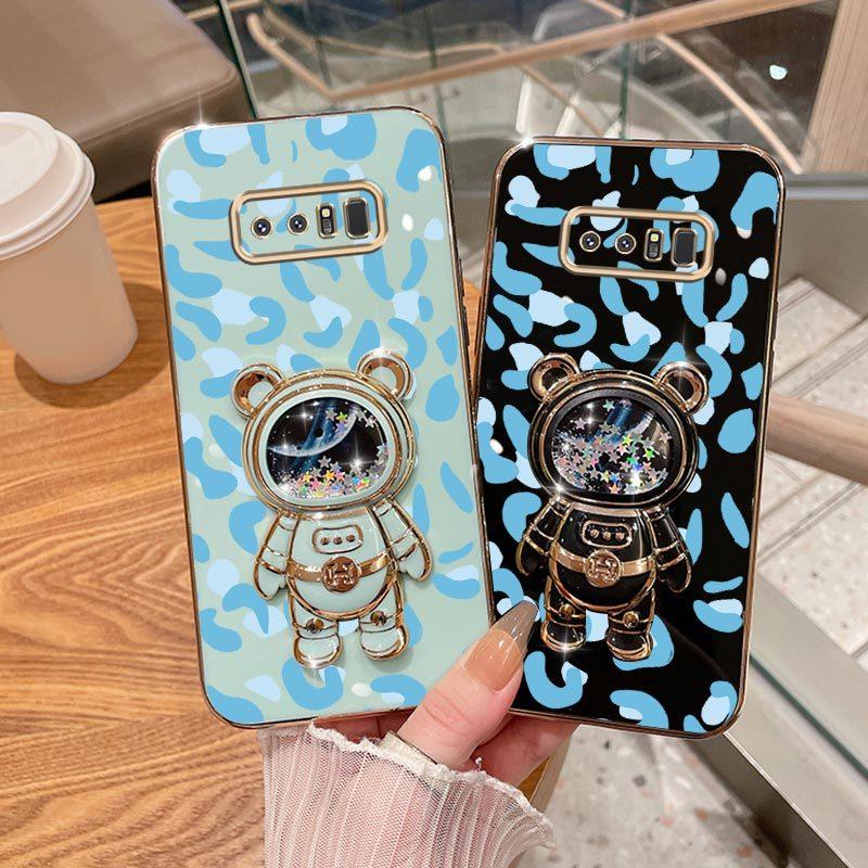 Note 8 Fashion Series Pearl Strap Lanyard Phone Holder Case For Compatible With Samsung Galaxy Note 8 Plating Cover and Elegant Blue Luxury Leopard Print Little Bear Protector Cases