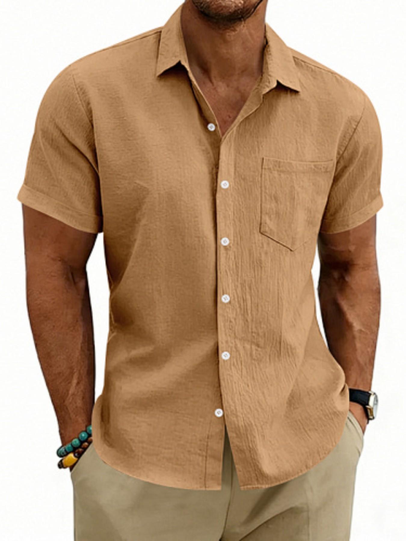 Men's Hawaiian-style linen loose-fit semi-high-neck short-sleeved top, designed for casual daily wear with comfortable and breathable fabric