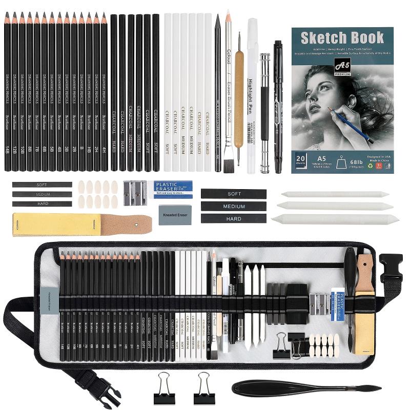 60Pcs Sketching Pencil Set with A5 Sketchbook, Includes Graphite & Charcoal Pencils, Blending Stumps, Erasers, and More - Professional Art Supplies for Adults, Ideal for Sketching & Shading, Art Drawing Supplies