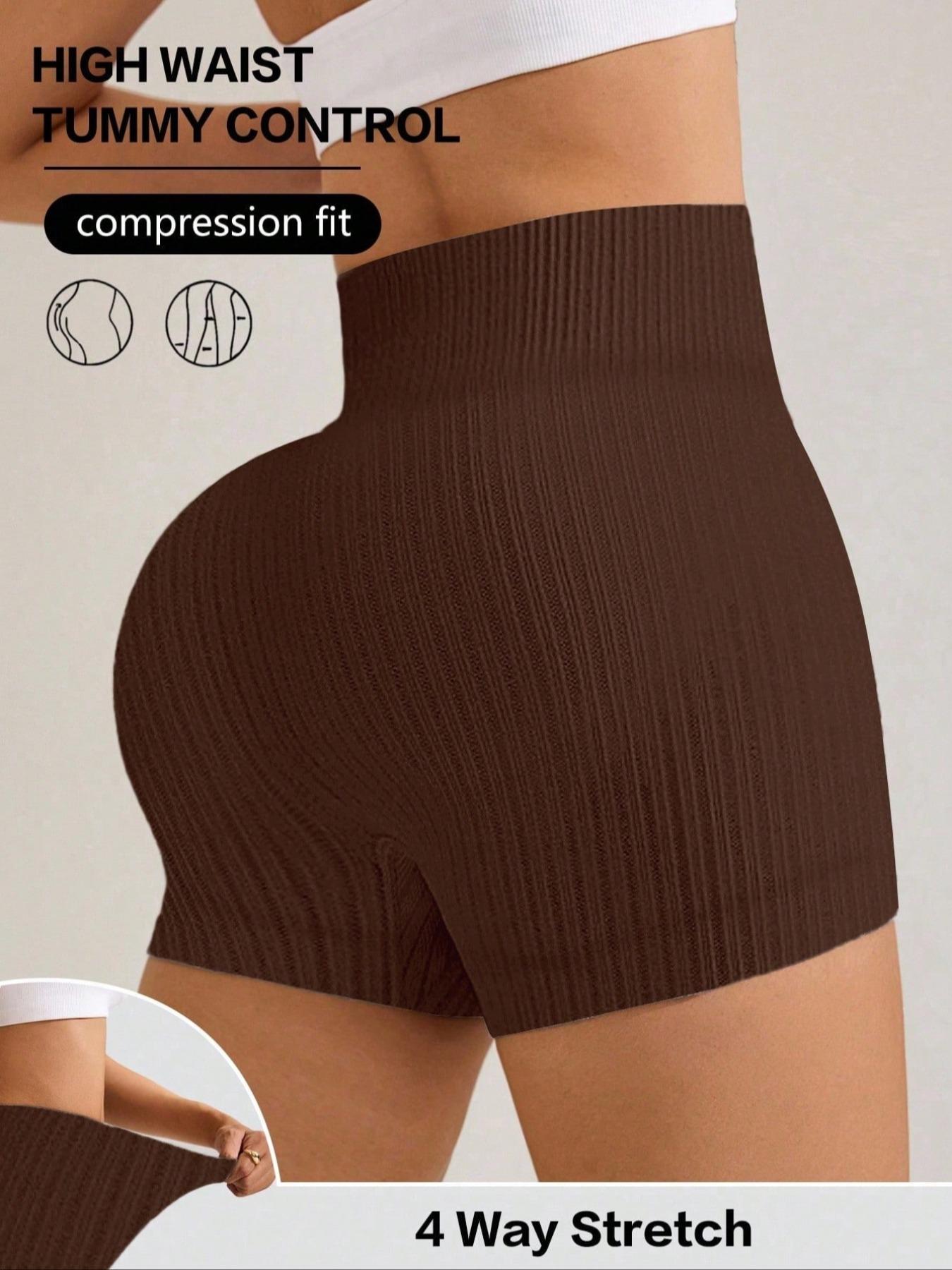 Women's Solid Ribbed Sports Shorts, High Stretch Shorts, High Waist Tummy Control Butt Lift Training Shorts, Ladies Sportswear for Indoor Outdoor Wear