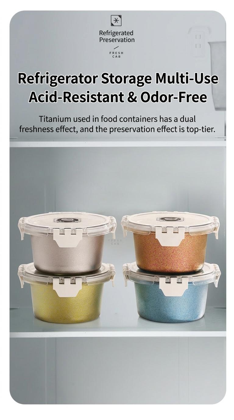 Food Grade Titanium Lunch Box, Round Meal Container with Lid, Leak-Proof Small Capacity, Home Refrigerator Storage, Kitchen Organizer