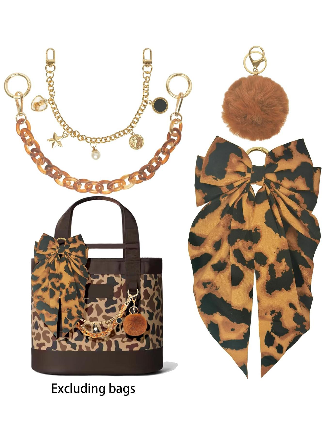 4PCS Leopard Tote Bag Accessories Set, 2 Chains, Satin Bow & Pom Pom, Handbag Decor Kit for Women, Bag Charm Set 4PCS Leopard Tote Bag Accessories Set, 2 Chains, Satin Bow & Pom Pom, Handbag Decor Kit for Women, Bag Charm Set