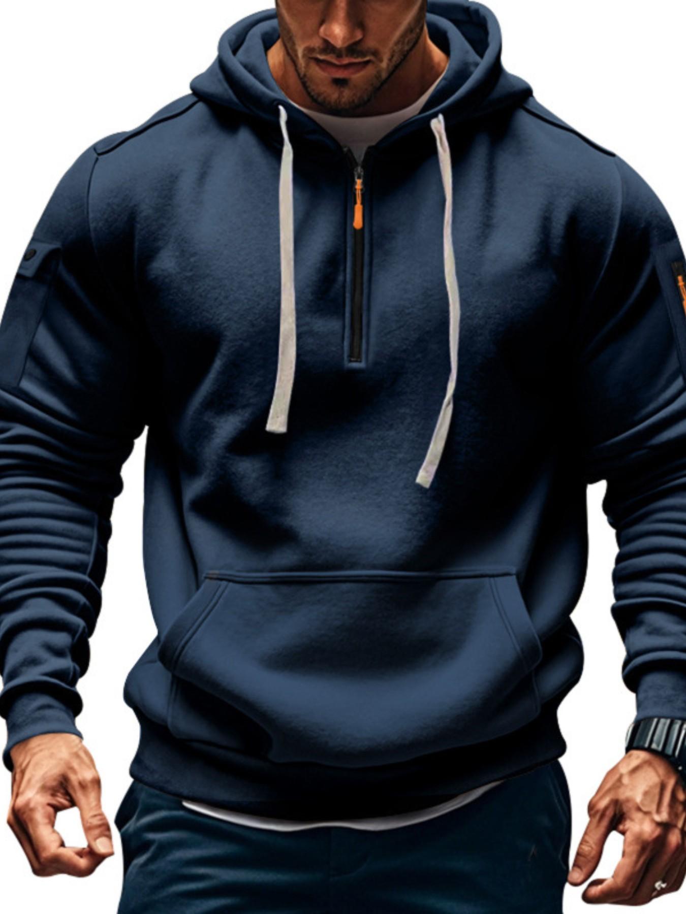 Men's Fall Winter Hooded Sweatshirt, Sporty Fitted Plaid Letter Print, Heavyweight Fleece Pullover, Casual Sports Outerwear