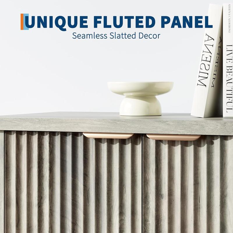 Fluted Buffet Sideboard Cabinet, Accent Modern Credenza with Doors & Shelves, Wood Credenza Storage Console Cabinet for Living Room Kitchen Dining Room Hallway