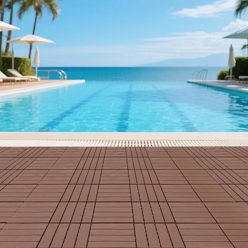 Plastic interlocking decking tiles, 44 packs of terrace decking tiles, 12"x 12"waterproof for all-weather use, backyard pool decking tiles, Brown