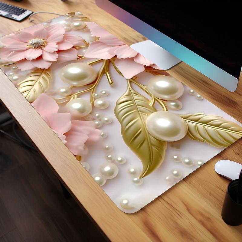 Floral Pearl Pattern Mouse Pad, Aesthetic Painting Large Gaming Mouse Pad, Office Desk Accessories, Desktop Accessory, Non-slip Rubber Base Stitched Edge Desk Pad for Home Office Game, Pastel Color