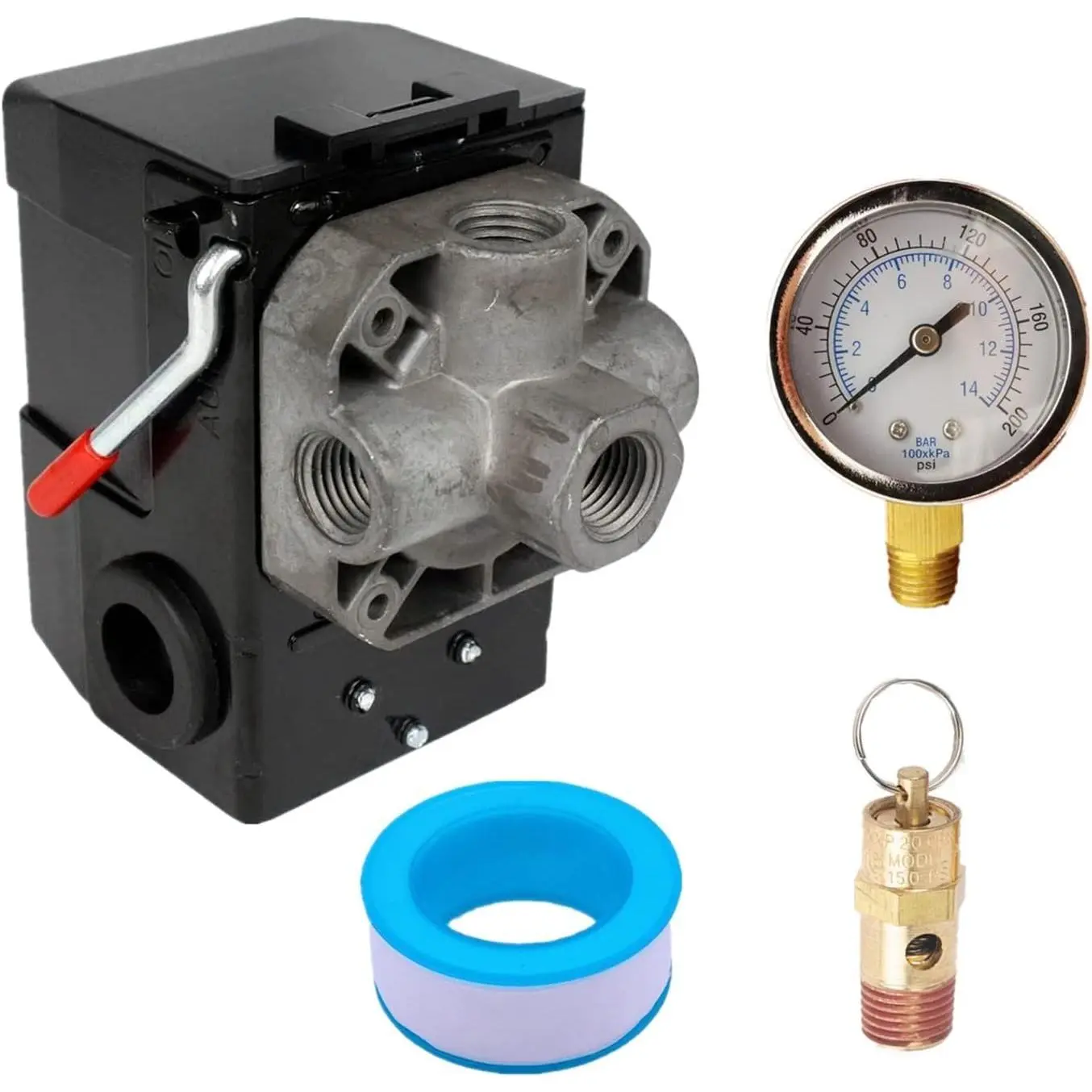 Air Compressor Pressure Switch 145-175 PSI 4-Port 26 Amp with 0-200 PSI Gauge & 200 PSI Pop-Off Valve