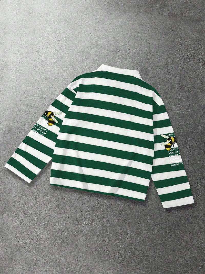 Green and white striped polo long sleeved men's T-shirt with rap bee print pattern and striped polo collar long sleeved shirt for European and American street life, unisex long T-shirt in ins style