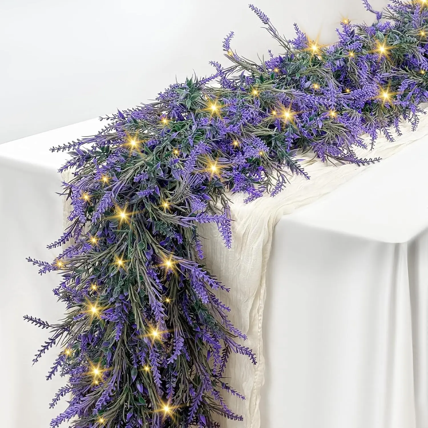 Lavender Garland with Lights, 1Pcs 6FT Purple Flower Garland, Artificial Spring Summer Faux Lavender Leaves Vines for Table Runner Indoor Outdoor Home Wedding Bedroom Mantle Arch Backdrop Decor