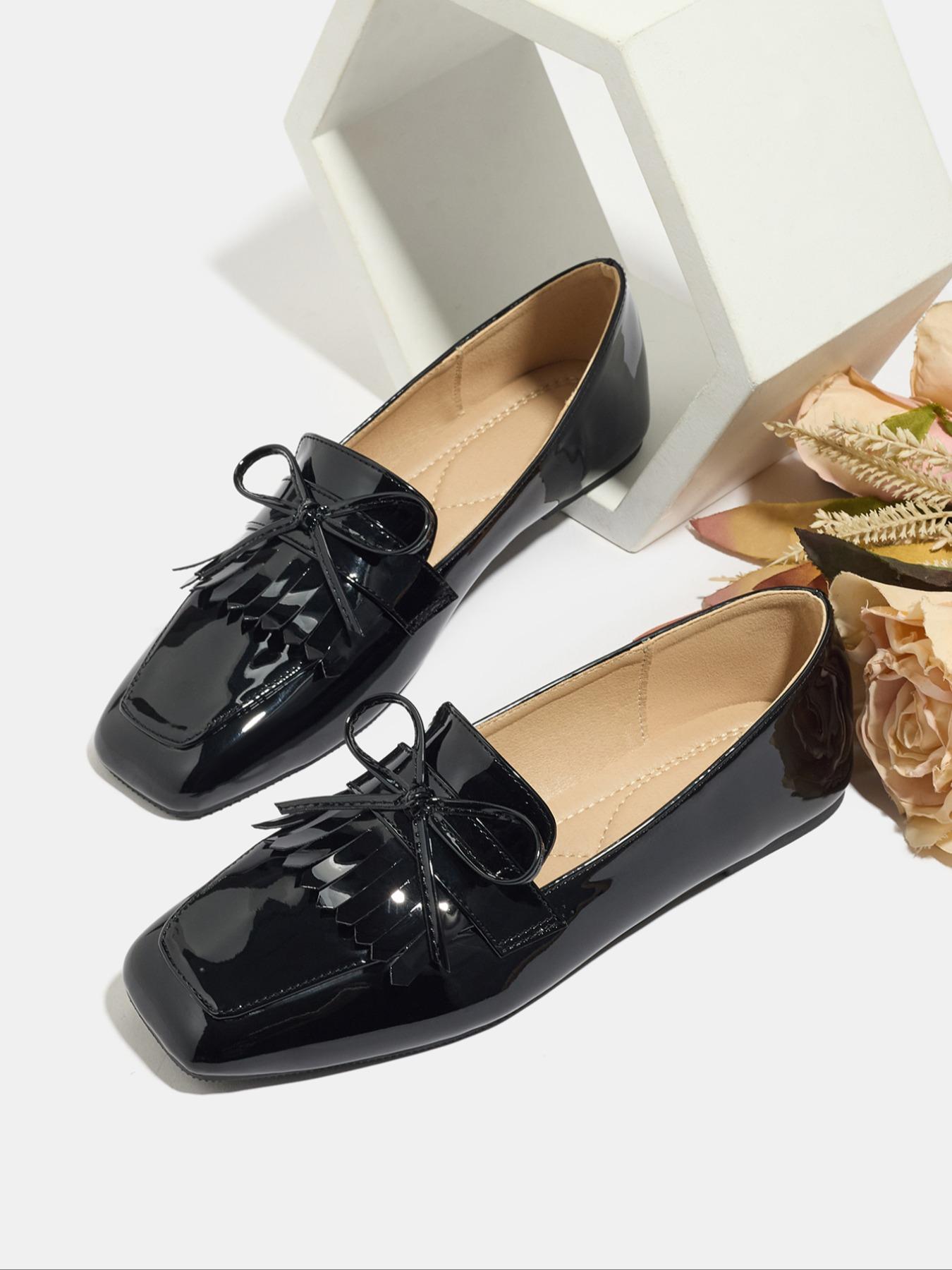 Women's Retro Flat Shoes with Bowknot and Fringe Design, Square Toe Slip-On Loafers for Spring & Fall Fashion