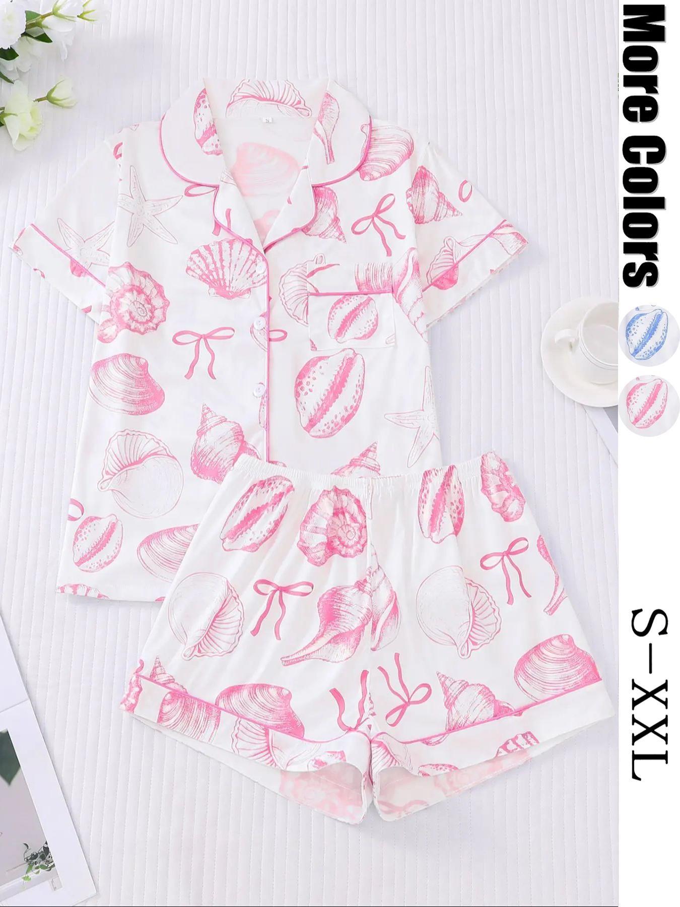 Women's All Over Print Button Front Top & Elastic Waist Shorts Pyjama Two-piece Set, Casual Comfy Short Sleeve Top & Shorts Pj Set, Ladies Sleepwear & Loungewear for All Seasons