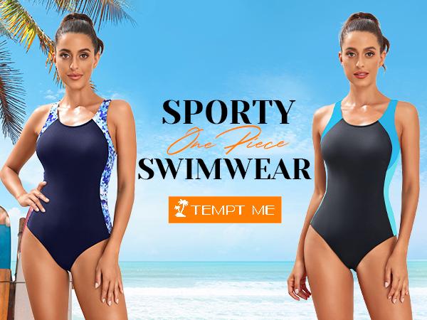 Tempt Me Women Athletic One Piece Swimsuits Sporty Racerback Bathing Suits Full Coverage Modest Swimwear