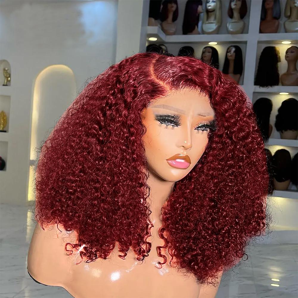 Midulla Glueless Kinky Curly Wig Human Hair Ready to Wear Burgundy Color Shoulder Length 6x4 Pre-cut Lace Bleached Knots Human Hair wig SpringStatements