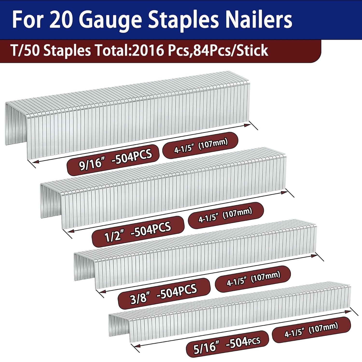 20 Guage Galvanized T/50 Staples,4 Sizes Assorted Size Project Pack for Staple  or T-50 Stapler (5/16"+3/8"+1/2"+9/16"-2016 pcs)