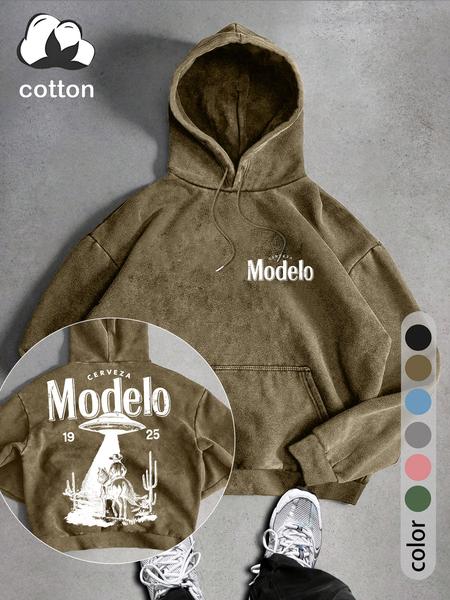 UFO and Western Cowboy Men's Street Retro Style Washed Hooded Sweatshirt Fashion Trend Casual Hoodies