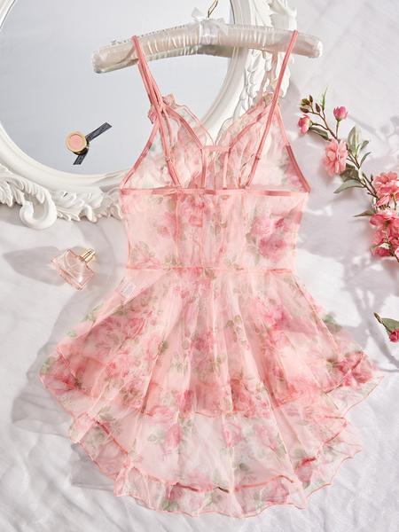 Women's Floral Print Ruffle Sheer Lace Cami Nightdress, Summer Clothes Women, Elegant Romantic Flowers Decor High Low Hem Nightgown for Daily Wear, Ladies Summer Clothes