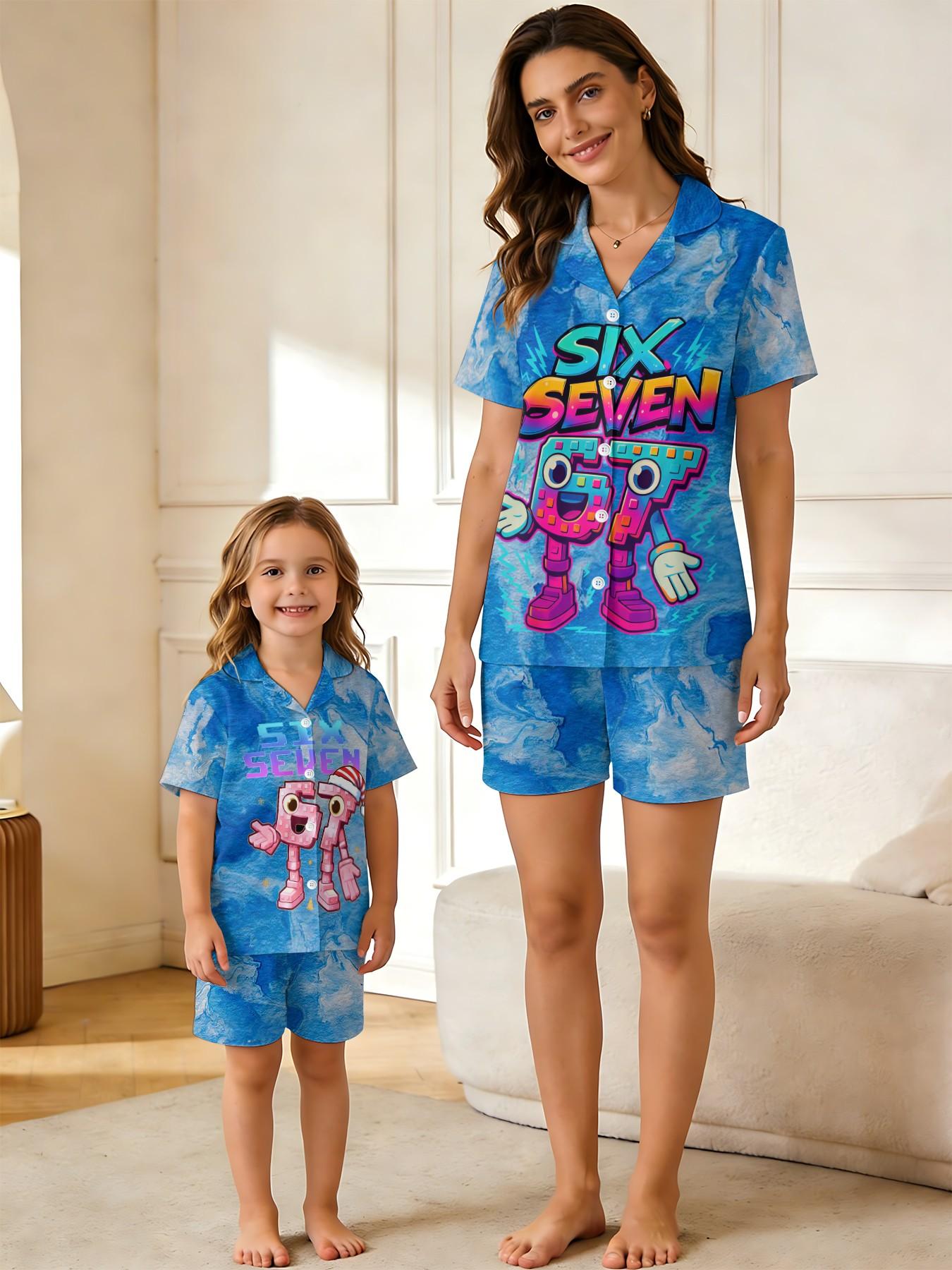 Vibrant Pixel 3D Printed Parent-Child Pajamas, Cloud Pattern Blue Base, Trendy Cool Style, Mother-Daughter Matching