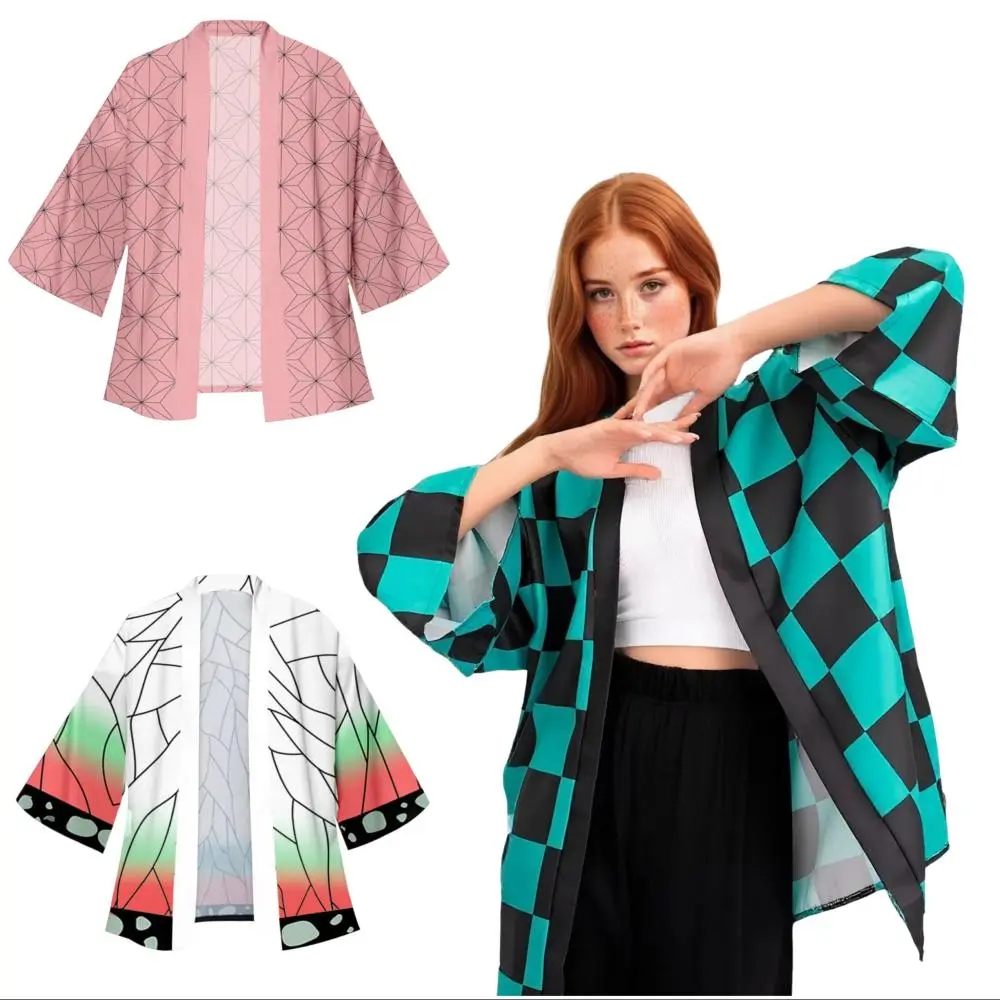Anime Inspired Geometric Mens Japanese Samurai Cosplay Costumes - Tanjirou Kamado Green-Black Checkered Kimono Haori Cardigan, Zenitsu Agatsuma Yellow Outfit, Multi-Size