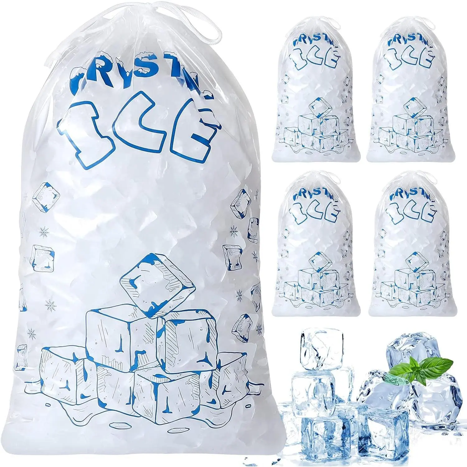 8lb Ice Bags with Drawstring 50 Pack, Reusable Heavy-Duty Freezer Bags for Ice Maker, Cooler, Camping & Food Storage, Leak-Proof Plastic