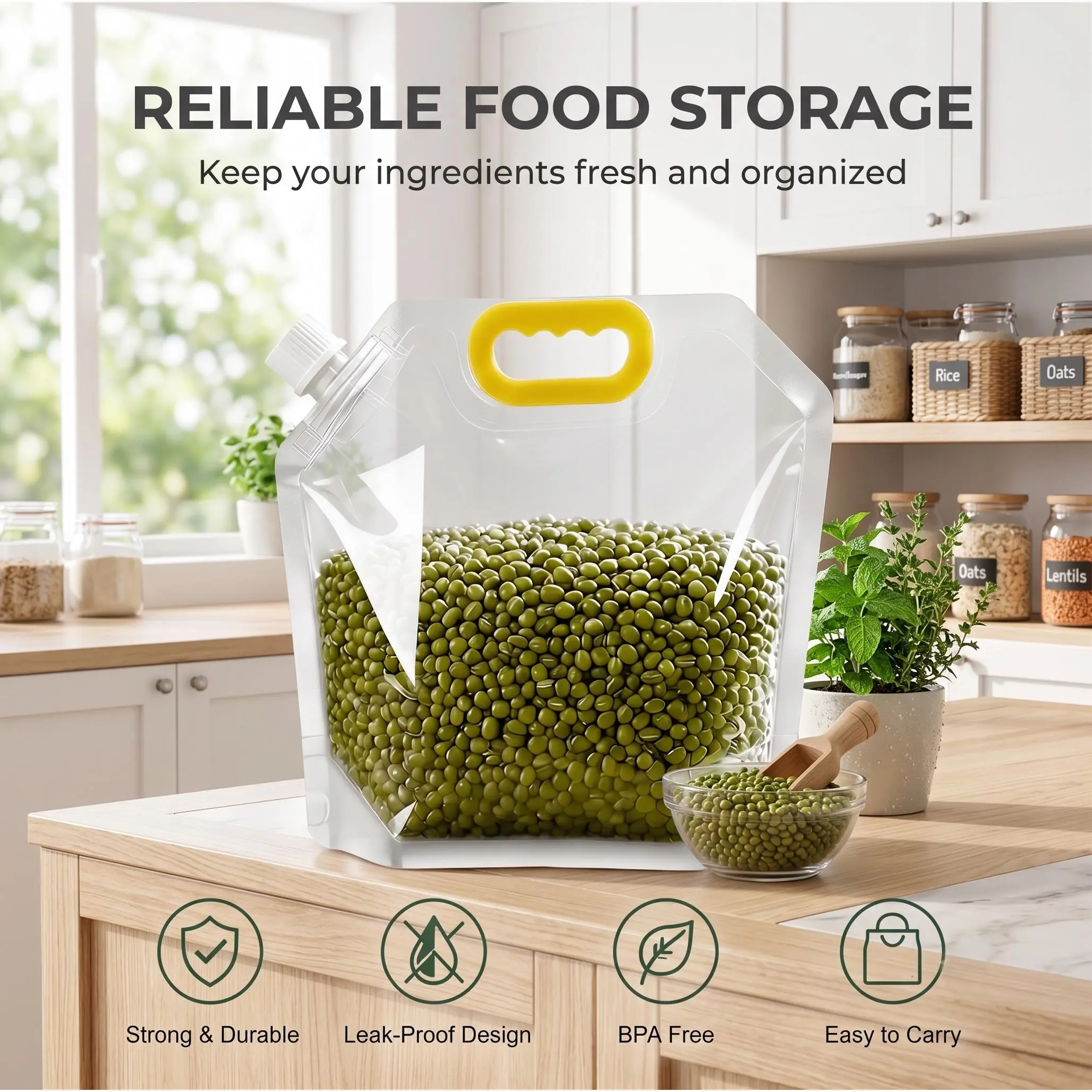 Reusable Food Storage Bags 6 Pack, 2.5L Large Capacity Airtight Seal Bags with Pour Spout, Leakproof Bulk Pantry Organizer for Cereal, Rice, Beans, Snacks & Meal Prep