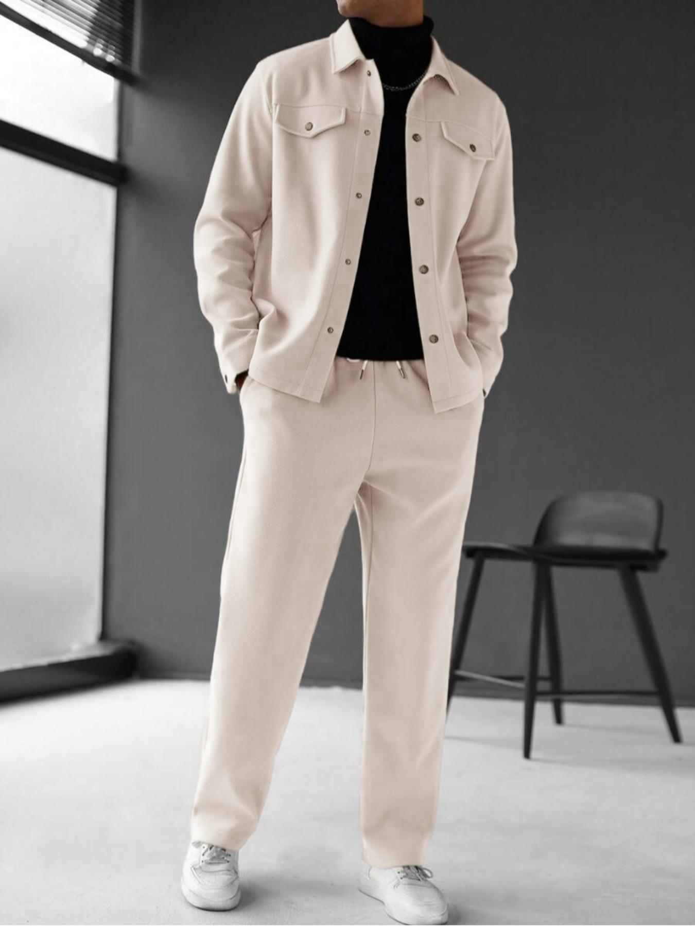 Men's Solid Color Pocket Jacket and Belt Waist Pants Sport Suit Regular Version Mature Business Style, Long Sleeve Jacket Collar Coat and Pocket Long Pants, Men's and Winter Sportswear, Sport Leisure Suit Casual Sportswear, Casual Suit Set