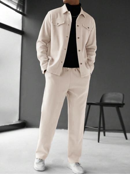 Men's Solid Color Pocket Jacket and Belt Waist Pants Sport Suit Regular Version Mature Business Style, Long Sleeve Jacket Collar Coat and Pocket Long Pants, Men's and Winter Sportswear, Sport Leisure Suit Casual Sportswear, Casual Outfit Set, Menswear