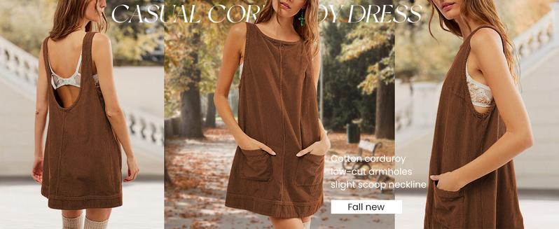 Tanming Women's Corduroy Overall Dress Round Neck A Line Skirtall Jumper Mini Dress Pinafore with Pockets Holiday Party Dress