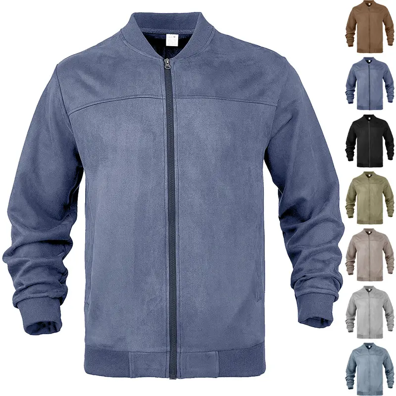 Men's Solid Color Suede Zipper Cardigan Jacket Medium Stretch Long Sleeve Stand Collar Outerwear Casual Sporty Bomber Coat Support Plus Size Relaxed Fit Daily Versatile Men's Jacket For Street And Outdoor Outfit Matching