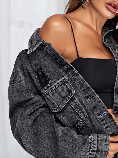 New Women's Fashion Trendy Classic Ripped Versatile Denim Jacket, Fitted Style, Zipper Fly Closure, Perfect for Spring