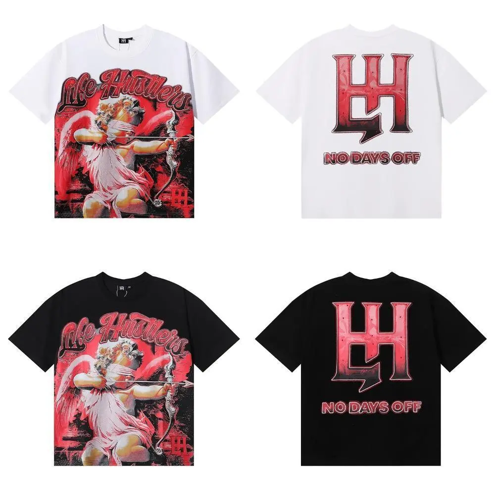 Unisex Double Layer Cotton Rhinestone Graphic Tees, Premium Short Sleeve Masked Angel Archery Life Hustlers Print Streetwear Tops, Moisture Wicking Casual Shirts for Summer Festivals & Back to School Daily Outfits | graphic tees | oversized t shirt
