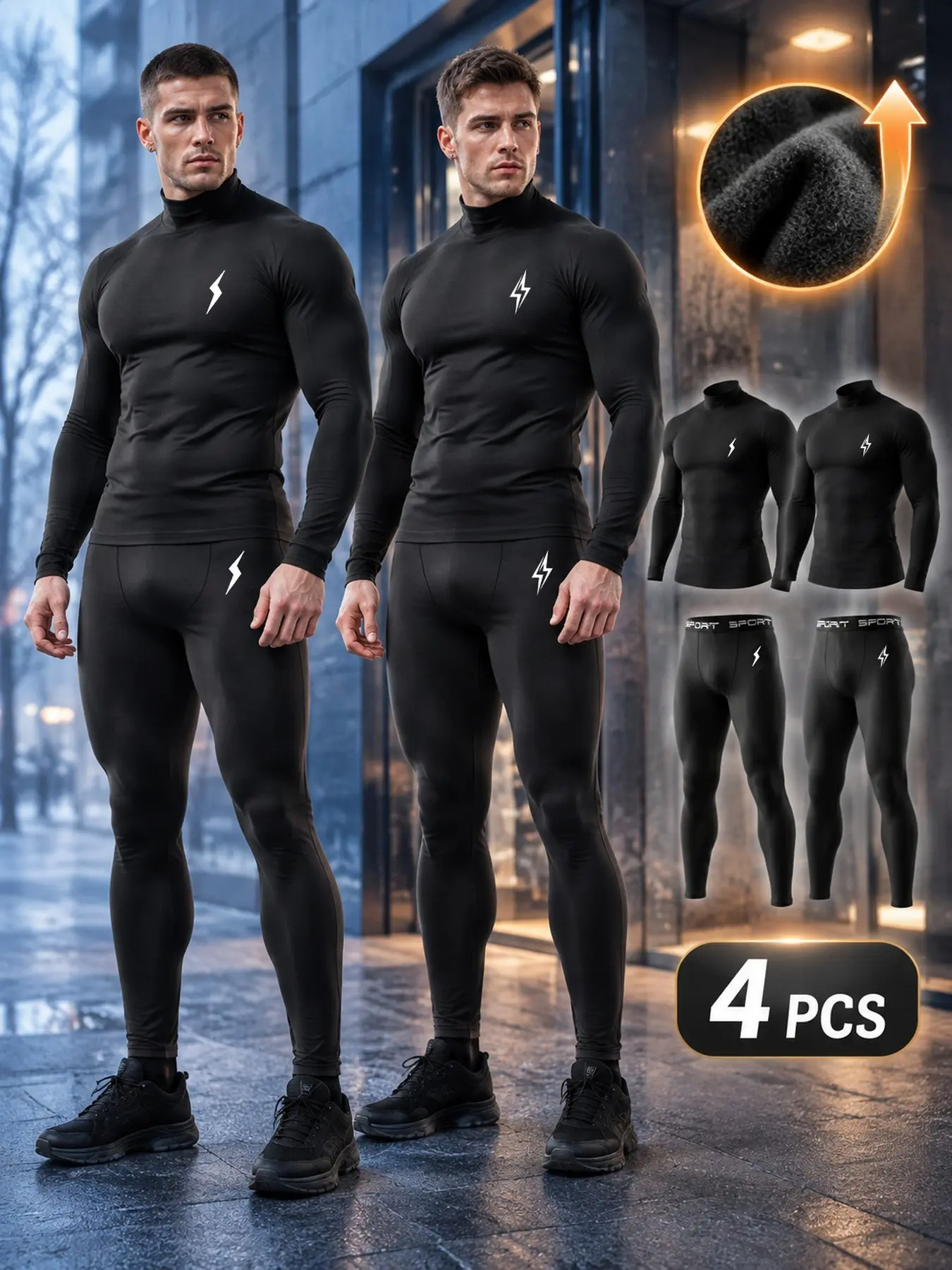 4-Piece Men's Fleece-Lined Thermal Set, High Neck Long Sleeve Tops & Pants with 2 Lightning Graphic Designs, Sporty Warm Breathable Stretch Sportswear for Gym, Running, Outdoor Training, Skiing & Daily Wear
