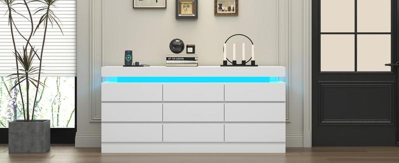 9 Drawer Dresser with Power Outlet, Dresser with LED Light, Modern Chest of Drawers for Closet, Double Wide Drawer Organizer Cabinet