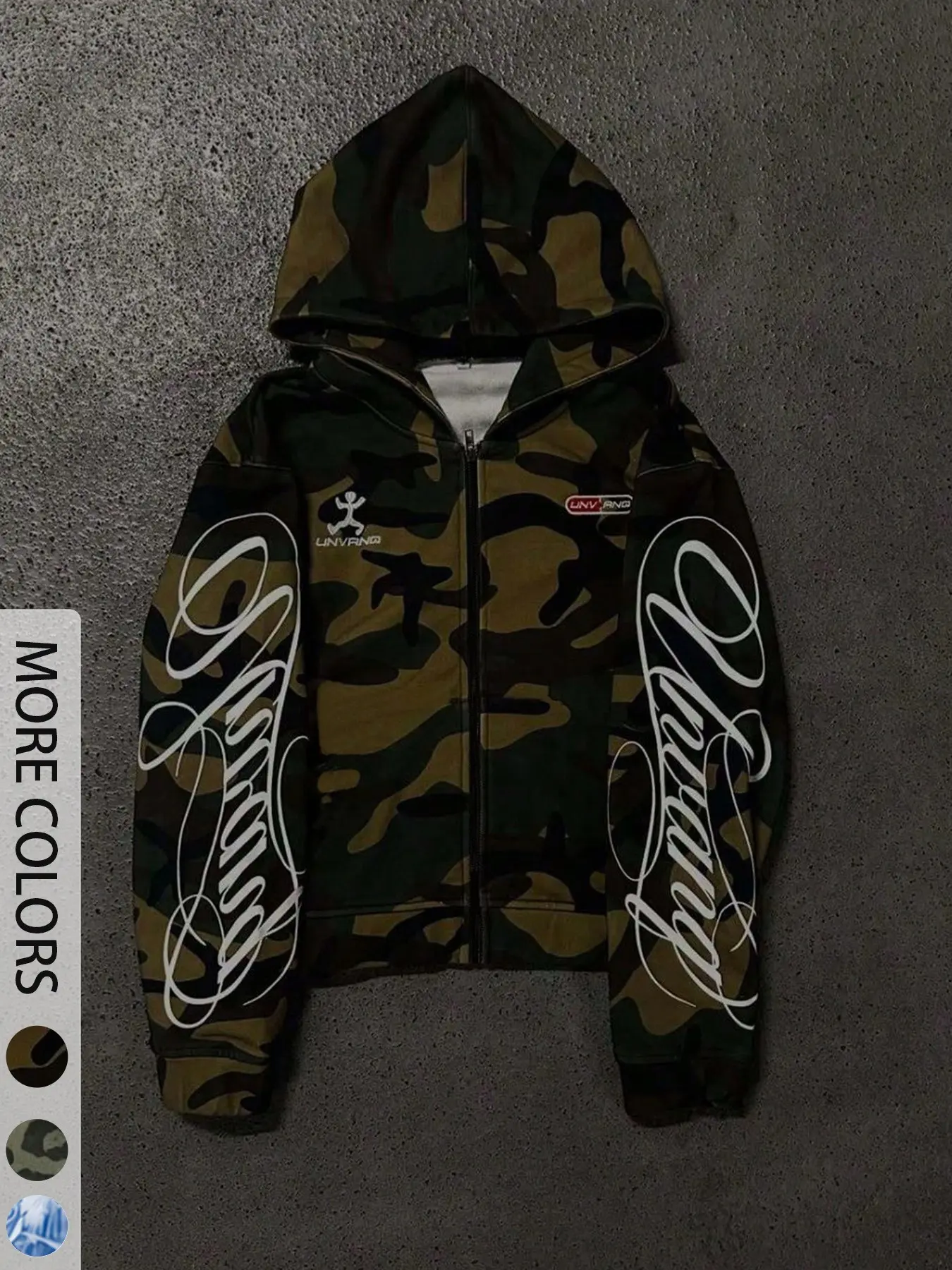 Men's Y2K Camo Zipper Hoodie, Gothic Script Letter Print Loose Streetwear Jacket, Perfect for Hip-Hop Daily Casual