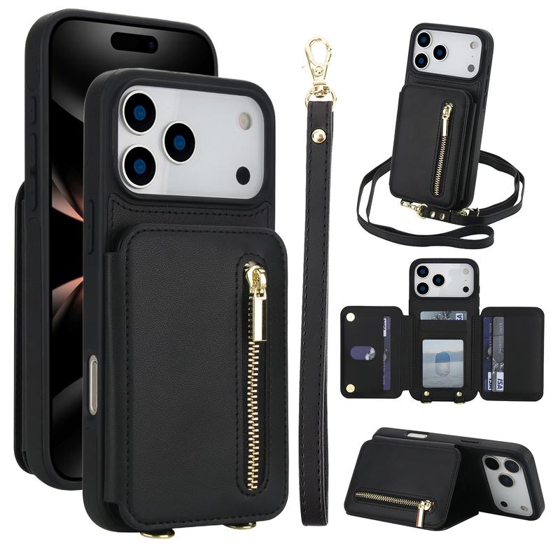 OREKROY Crossbody Wallet Case for iPhone 17 16 15 Pro Max Plus 14 13 12 11 Pro Max PU Leather RFlD Blocking Cash Holder Card Wallet,Flip Stand Protective Cover Crossbody Lanyard Strap Wristband