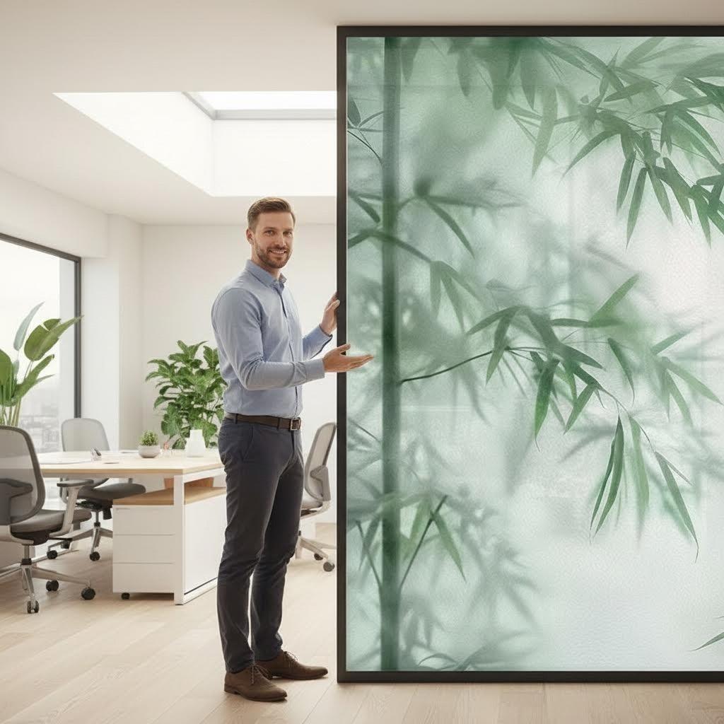 Bamboo Shadow Privacy Window Film, Adhesive-Free Static Window Film, Removable Kitchen Window Sticker, UV Protection Cuttable Window Decal