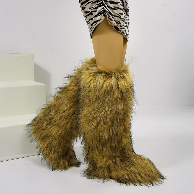 Women's Faux Furry Boots Winter Mid-Calf Snow Boots Fuzzy Fluffy Fashion Comfortable Flat Shoes