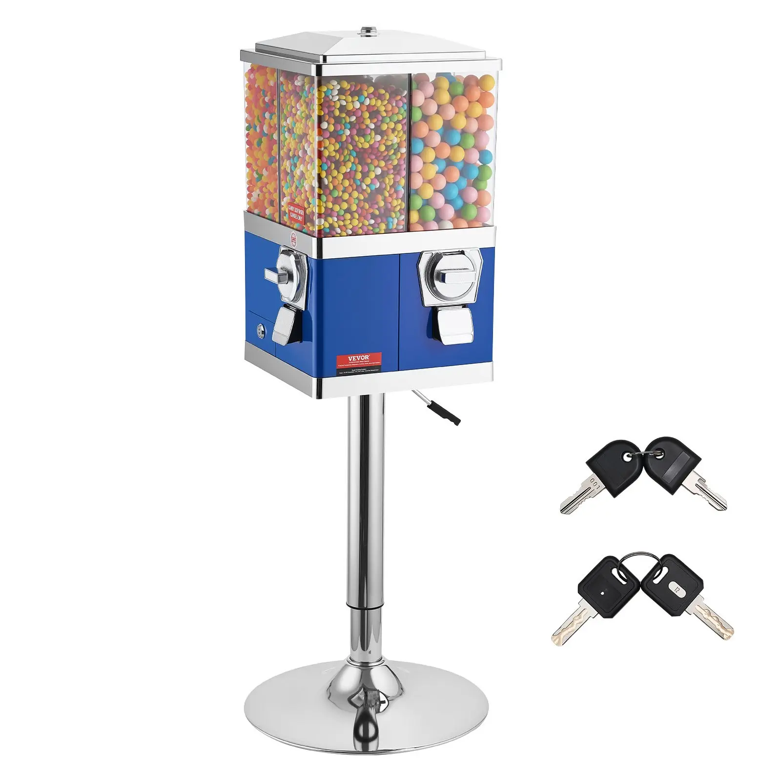 VEVOR Commercial Vending Machine, Four Compartment Rotatable Gumball and Candy Dispenser, Adjustable Height Coin Operated Candy Bank with Iron Stand, for Business Toy Capsules Bouncy Balls Nut, Blue