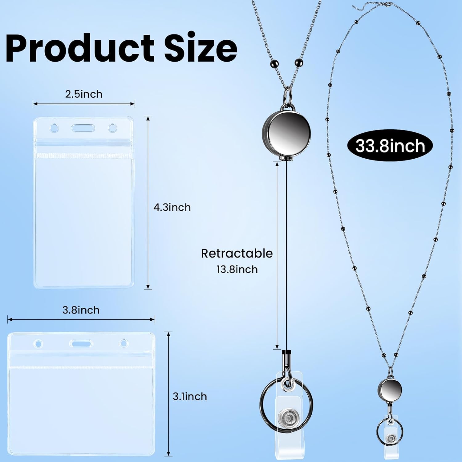 3 count Lanyard Necklace for Id Badges, Beaded Badge Lanyards with  Id Card Holders, Stainless Steel Badge Chain with Retractable Badges Reel Clips for Adults, Nurse, Teacher