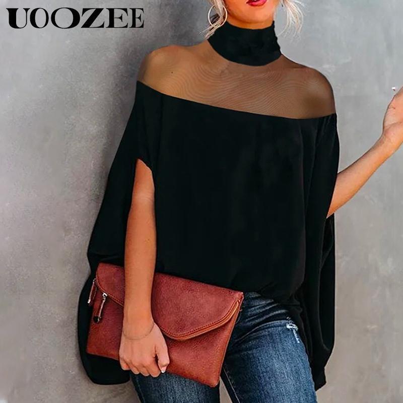UOOZEE Women's Batwing Sleeves See-Through High-Neck Blouse – Minimalist, Casual Comfort for Everyday Wear casual long sleeve knit top The size is too big, it is recommended to order a smaller size Fit Shirts Black Womenswear Basic Check Turtleneck Loose