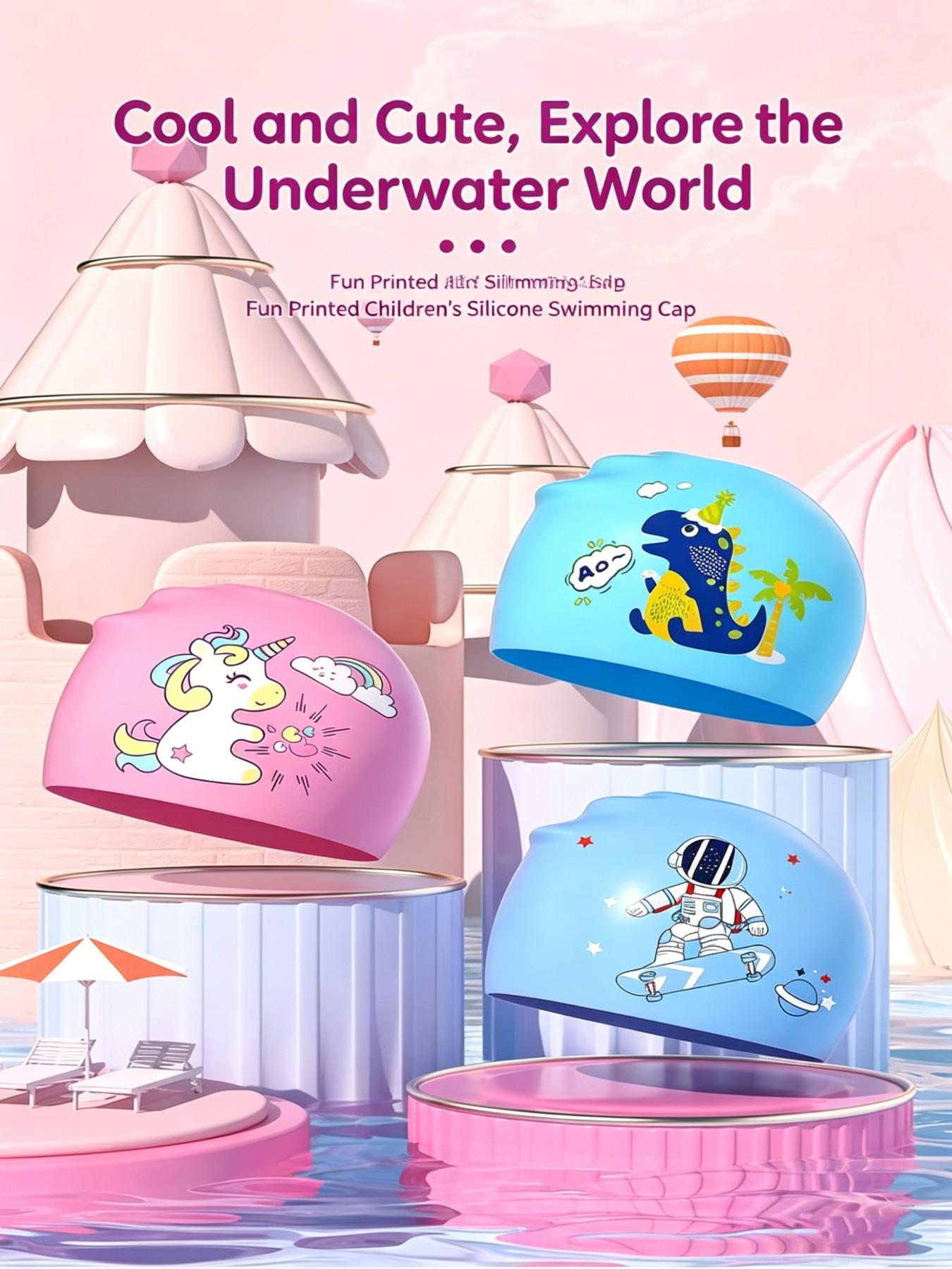 Silicone Swim Cap, Waterproof, Non-Irritating, Unisex, Large Size, High Elasticity, Cartoon Swan Print, Ideal for Boys and Girls